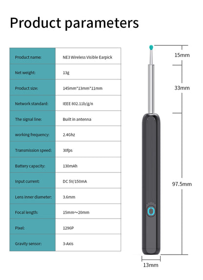 NE3 Ear Wax Removal Tool w/ Camera, Ear Cleaner Removal Kit, WIFI, Rechargeable Visual Wireless Smart w/ Visible Lighted Endoscope Ear Cleaning Scope Kit