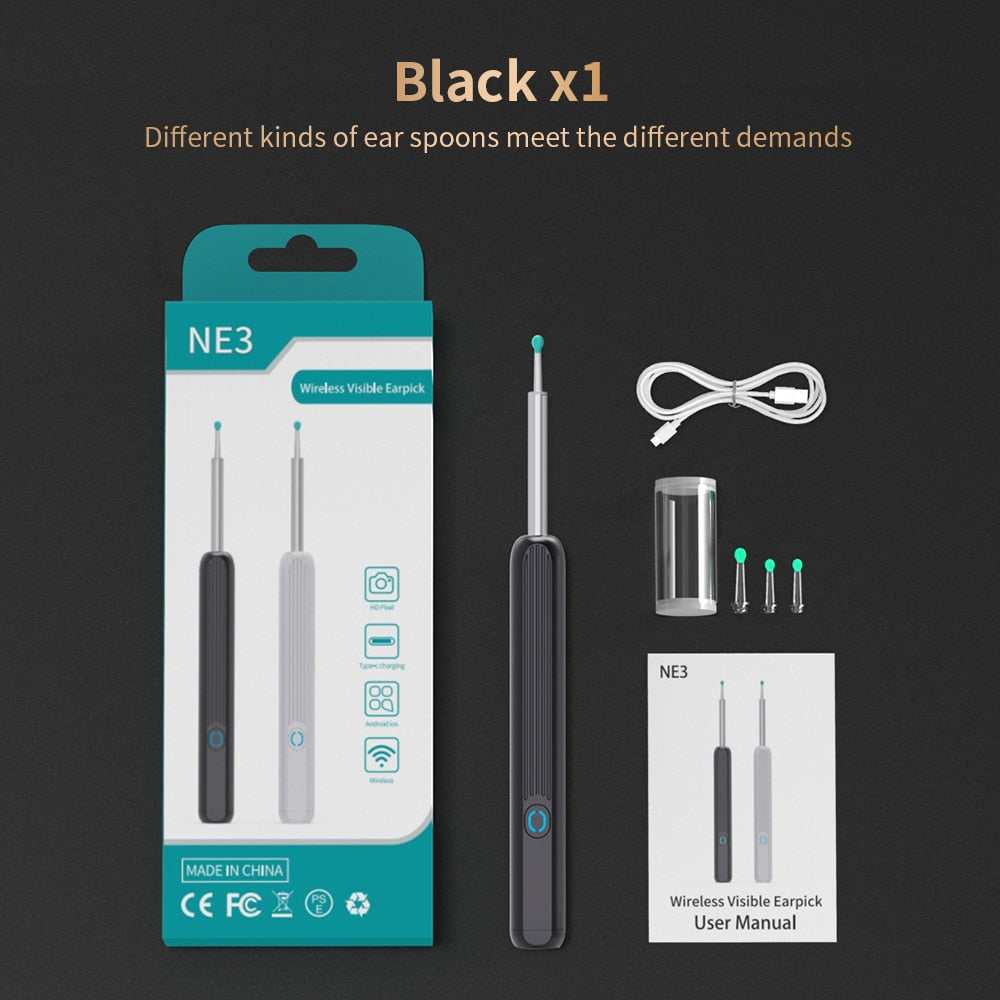 NE3 Ear Wax Removal Tool w/ Camera, Ear Cleaner Removal Kit, WIFI, Rechargeable Visual Wireless Smart w/ Visible Lighted Endoscope Ear Cleaning Scope Kit